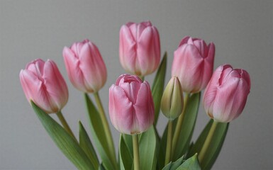 Fototapeta premium Pink tulips bloom gracefully green stems rising against a soft gray