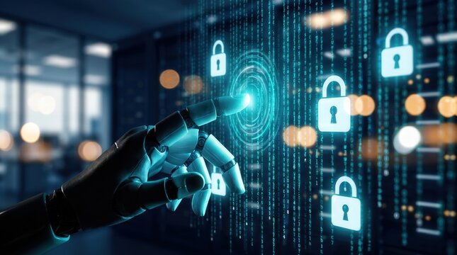 Cyber security concept, robotic hand interacting with digital padlock interface 3D render. Artificial intelligence and data protection for network safety and cloud server encryption.