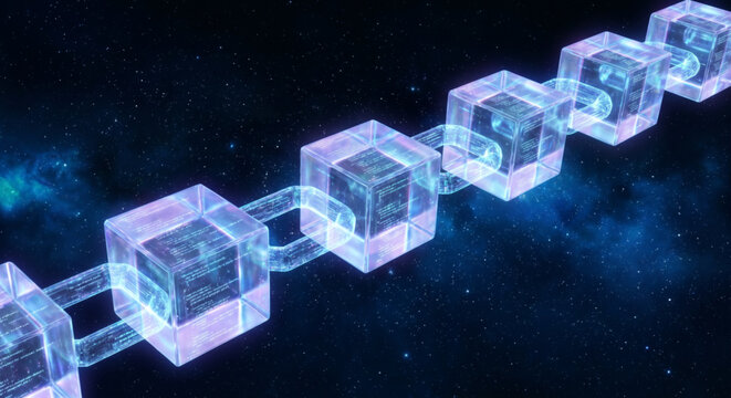 Futuristic blockchain technology concept with glowing crystal blocks and data code in deep space.