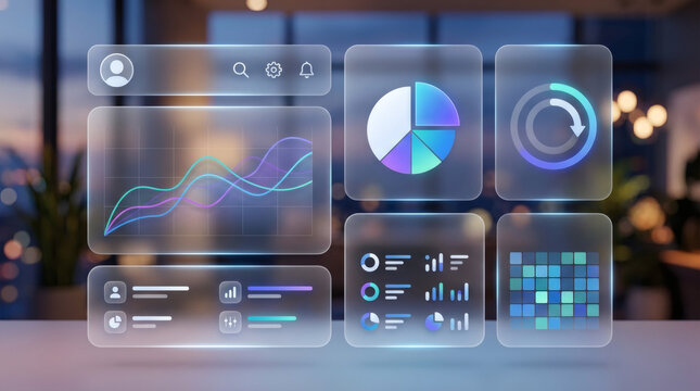 Modern glassmorphism UI dashboard with colorful data charts and analytics cards