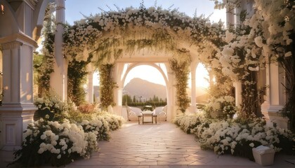 Fototapeta premium Romantic wedding archway adorned with white flowers and greenery.