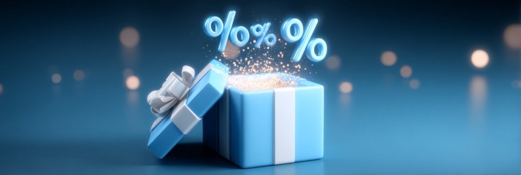 A blue gift box with a bow revealing floating percentage symbols and sparkles.