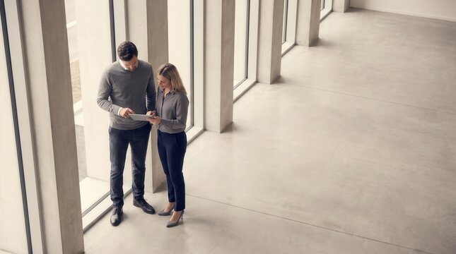 Two business colleagues collaborating on digital tablet in modern minimalist office corridor. Professional teamwork and corporate project discussion with copy space.