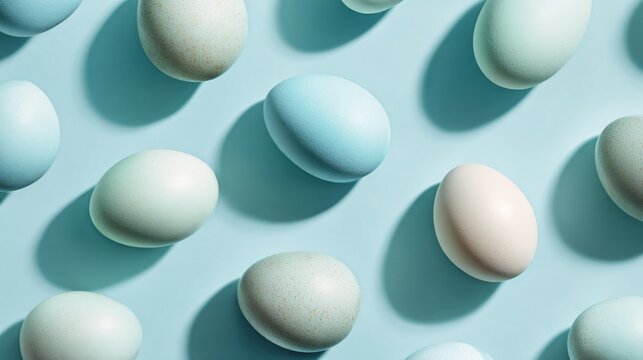Pastel sky-blue background with eggs casting barely visible shadows, ultra-soft lighting creating almost flat visual style