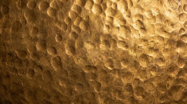 Aged brass hammered sheet full frame close overhead vivid warm irregular surface texture raking studio light background photorealistic commercial background