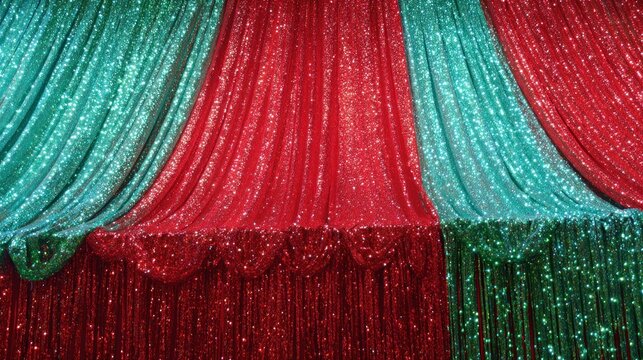 Festive Red and Teal Sequin Fabric Draped for Celebration.