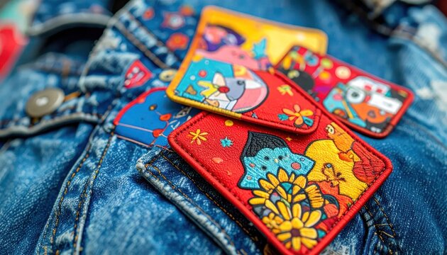 Colorful Embroidered Patches Adorning Denim Fabric.