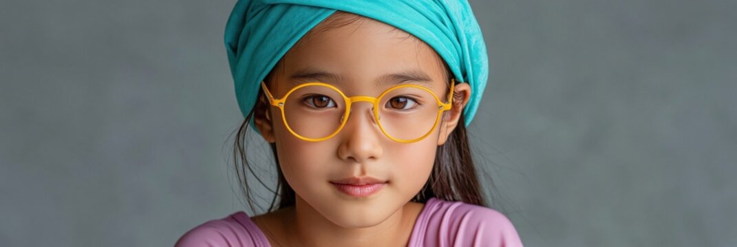 Young girl wearing glasses and turban in studio portrait