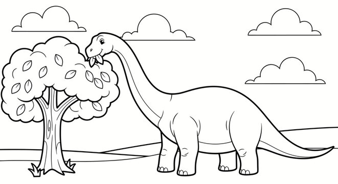brontosaurus eating leaves from tree in prehistoric landscape for kids coloring book