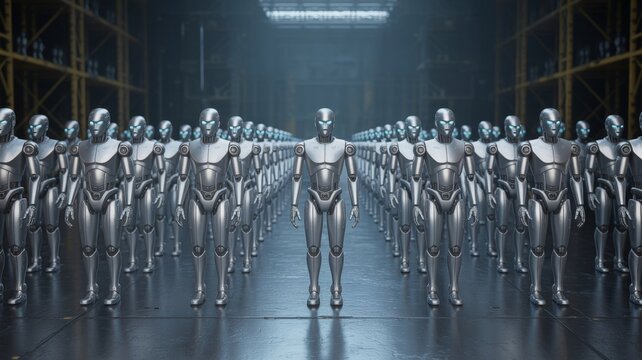 An army of android robots, fully activated and standing in formation, ready to follow their leader&rsquo;s
