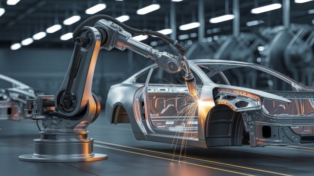 Close-up 3D rendering of an industrial robot welding parts in a modern car factory