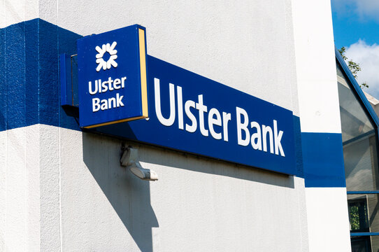 Ulster Bank exterior sign and blue wall fascia on a branch building