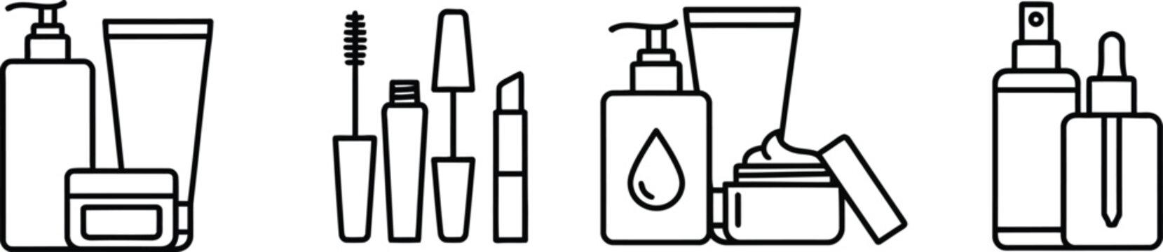 Cosmetics and Beauty Products Line Icon Set: Skincare, Makeup, and Fragrance Bottles