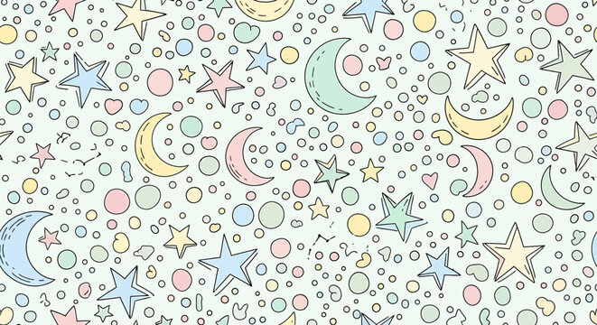 Hand drawn doodle pattern with colorful moons and stars.