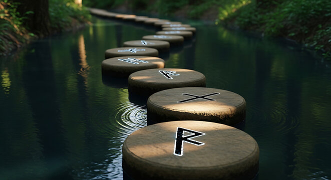 Ancient Nordic Runes Carved on Stepping Stones Across a Dark Forest River Symbolizing a Spiritual Journey Destiny and Mystical Path in a Magical Woodland Setting