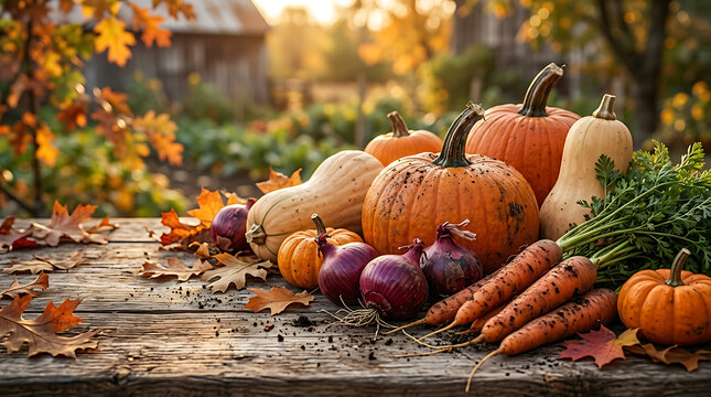 Vibrant Autumn Bounty Freshly Gathered Harvest of Pumpkins and Root Vegetables