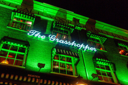 A vibrant evening view of The Grasshopper coffeeshop in Amsterdam, featuring its iconic glowing green neon signage and multi-story brick architecture near the historic city center and canals.