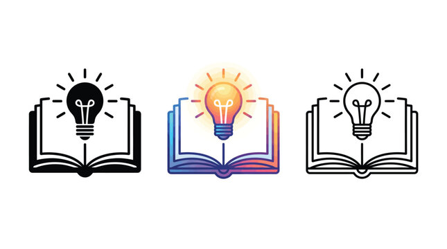 Three different styles of open books featuring a glowing lightbulb symbol representing knowledge and ideas