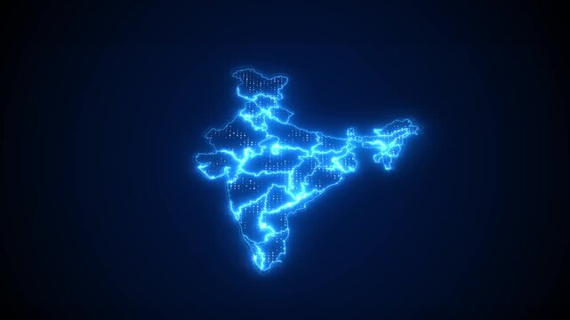 Glowing digital India map with blue state outlines, binary dots, and dark technology space. Digital India videos, regional data visuals, government promos, startup intros, and network overlays.