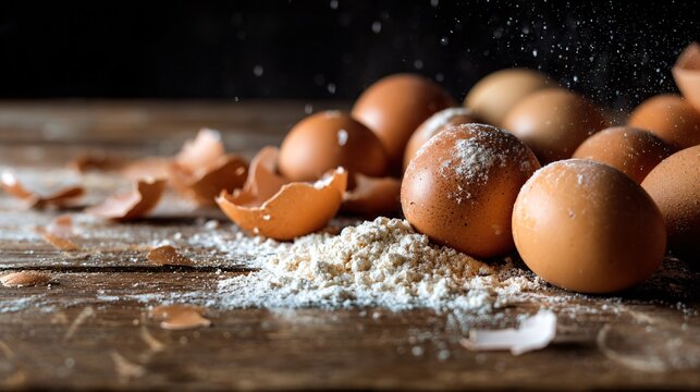 Wooden table with eggs scattered randomly, crumbs and textures visible, natural imperfect styling