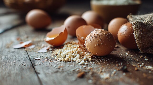 Wooden table with eggs scattered randomly, crumbs and textures visible, natural imperfect styling