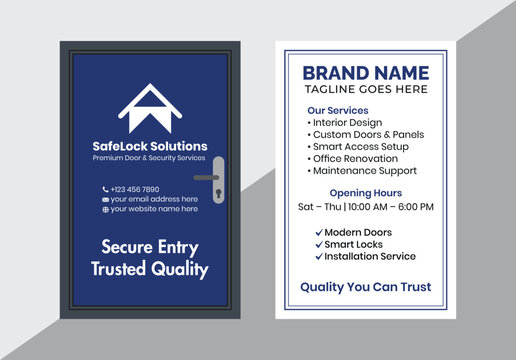 Modern Die Cut Door Business Card Template, Front and Back View, Blue Corporate Visiting Card Design, Clean Professional Security Company Visiting Card