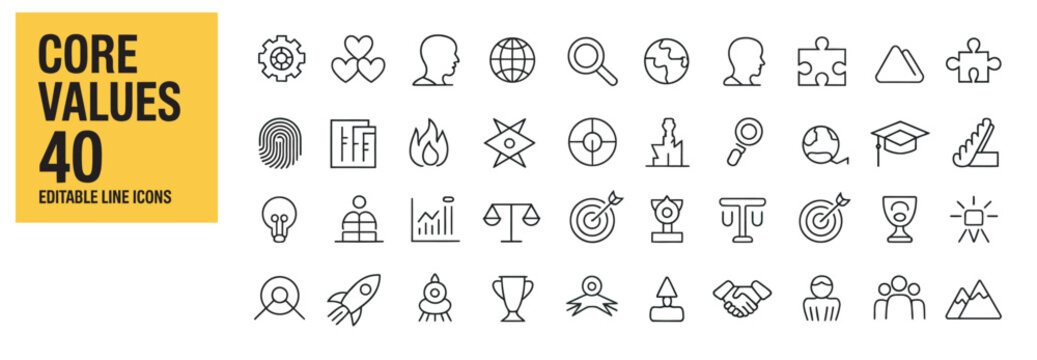 Set of 40 core values editable line icons for business and personal growth.