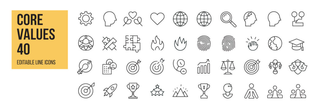 Collection of 40 core values editable line icons for business and personal growth.