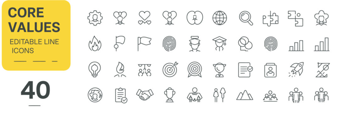 Editable line icons representing 40 core values for business and personal development.