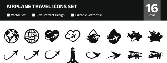 Airplane travel icons set with flight routes globe heart cloud path and vintage aircraft silhouettes for aviation concept design © GeetaRani