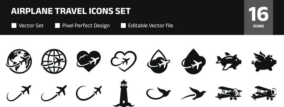 Airplane travel icons set with flight routes globe heart cloud path and vintage aircraft silhouettes for aviation concept design