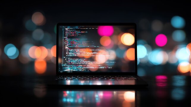 Laptop screen with computer code and colorful bokeh background