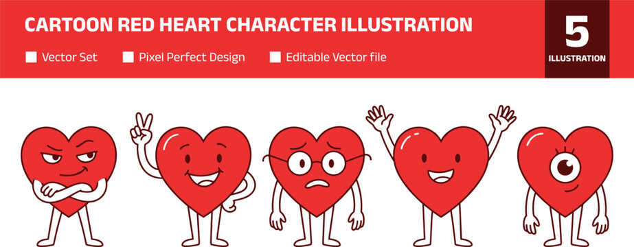 Cartoon red heart character illustration featuring expressive emotions, playful poses, and creative personification of love symbols for stock licensing