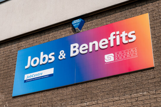 Official sign for a Jobs and Benefits office, formerly under the Department for Social Development, located in Northern Ireland to assist with employment.