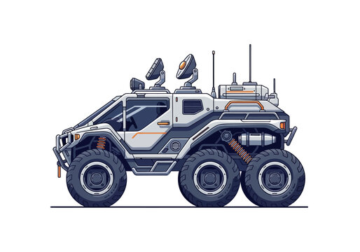 Futuristic Six Wheeled Armored Off Road Vehicle.