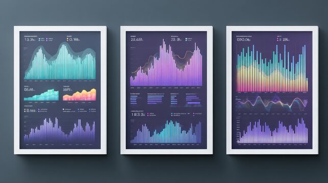 Three framed digital dashboards display vibrant statistical information with multicolored graphical representations