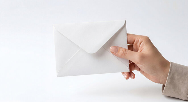 Female Hand Holding White Blank Envelope Close Up Mockup Copy Space Clean White Background