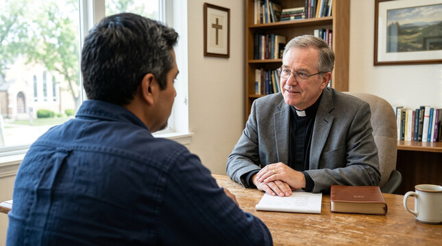 Spiritual guidance session between priest and parishioner discussing faith and prayer. Religion and spirituality explored through conversation around Christian beliefs,