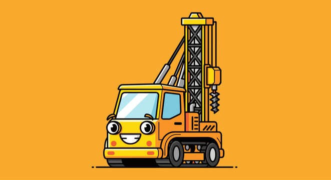 Yellow drilling rig character vector illustration for heavy construction foundation work and industrial mining excavation in a playful cartoon style.
