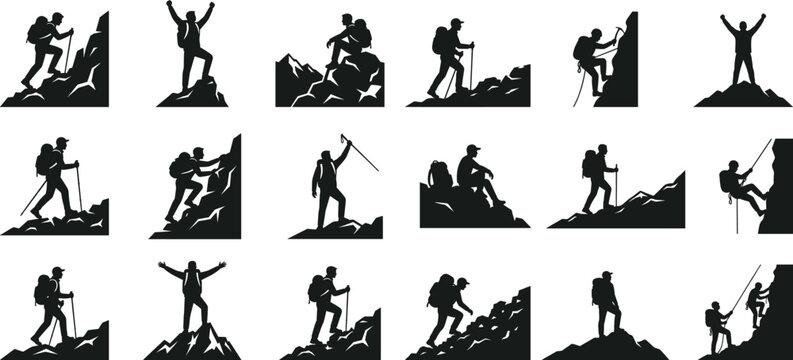 Mountain climbing and hiking silhouettes set featuring climbers, trekkers and mountaineers in adventure poses isolated on white background