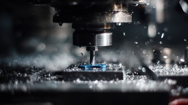 Precision CNC Milling Machine Tool Machining Blue Metal Component with Flying Metal Shavings
