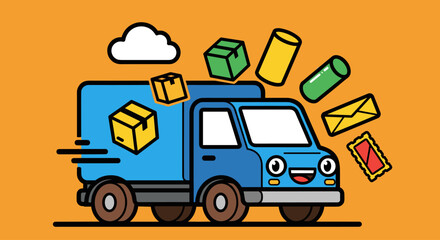 Fototapeta premium Blue delivery van character vector illustration with floating package and letter icons representing fast e-commerce logistics and mailing services for kids.