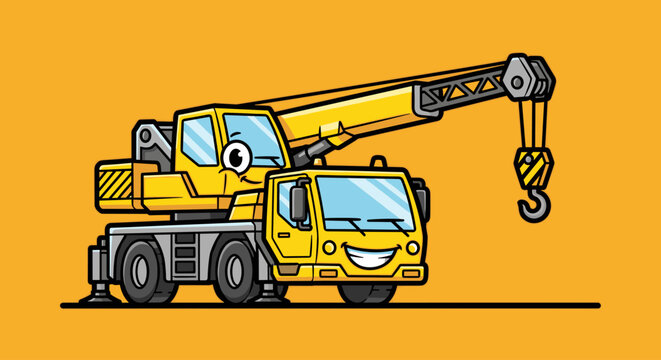 Large yellow mobile crane character vector illustration for heavy lifting operations in industrial construction and engineering projects with a friendly smiling face.