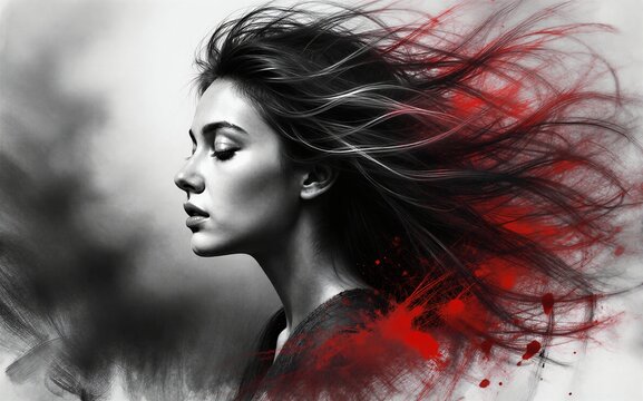 A woman with flowing black hair and vibrant red streaks against a