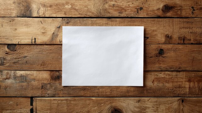 Blank white paper sheet on rustic wooden background top view