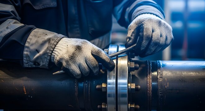 Industrial worker tightening a bolt on a pipeline flange.