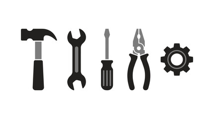 Fototapeta premium Collection of essential tools including hammer, wrench, screwdriver, pliers, and gear for mechanics and DIY projects