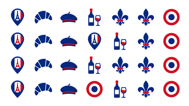 Minimalist flat vector illustration of iconic French symbols and Parisian landmarks in blue, white, and red