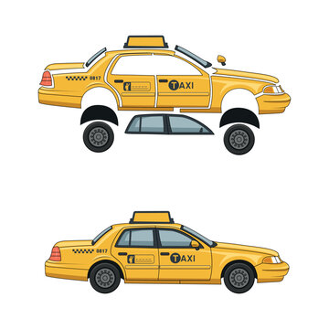 Yellow Taxi Car Vector Set with Exploded View, Assembly Process and Complete Vehicle Illustration