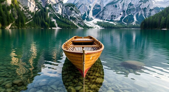 Wooden rowboat floating on serene turquoise lake in the Italian Dolomites.
